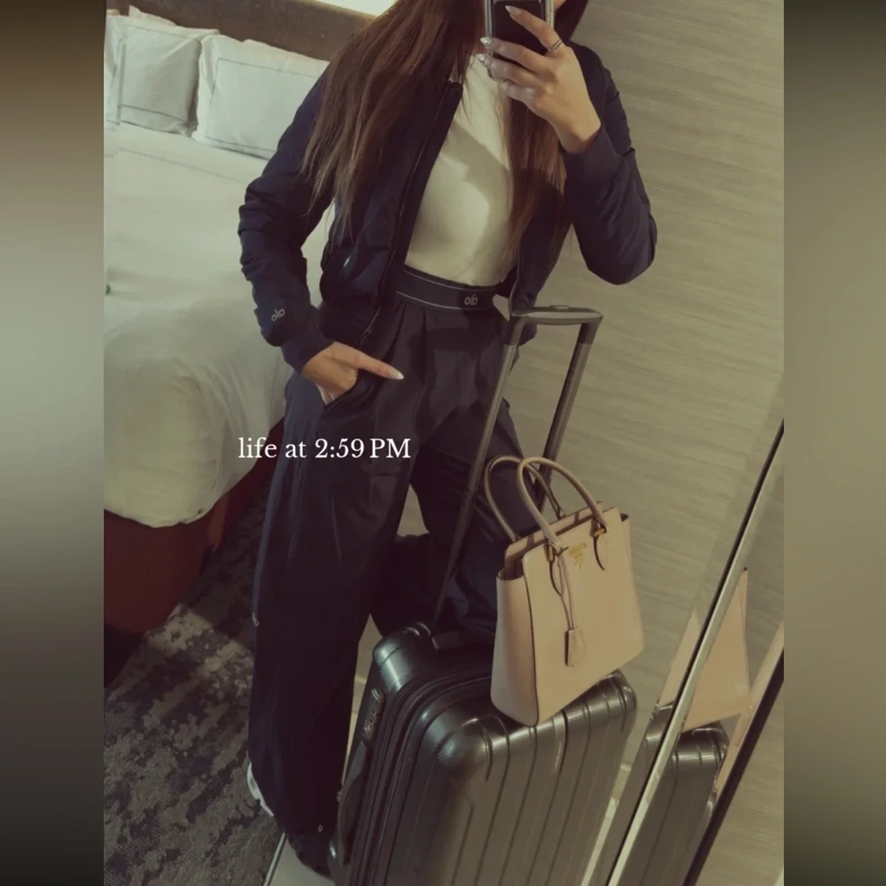 Alo Yoga Black Bomber Jacket & Joggers Set with Cream Top